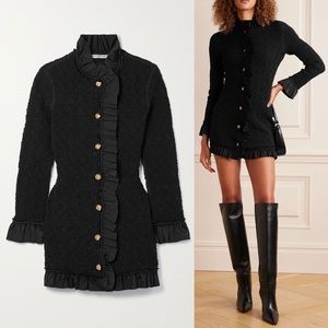 Alexander Wang Ruffled Stretch Seersucker Mini Dress in Black with Gold Buttons